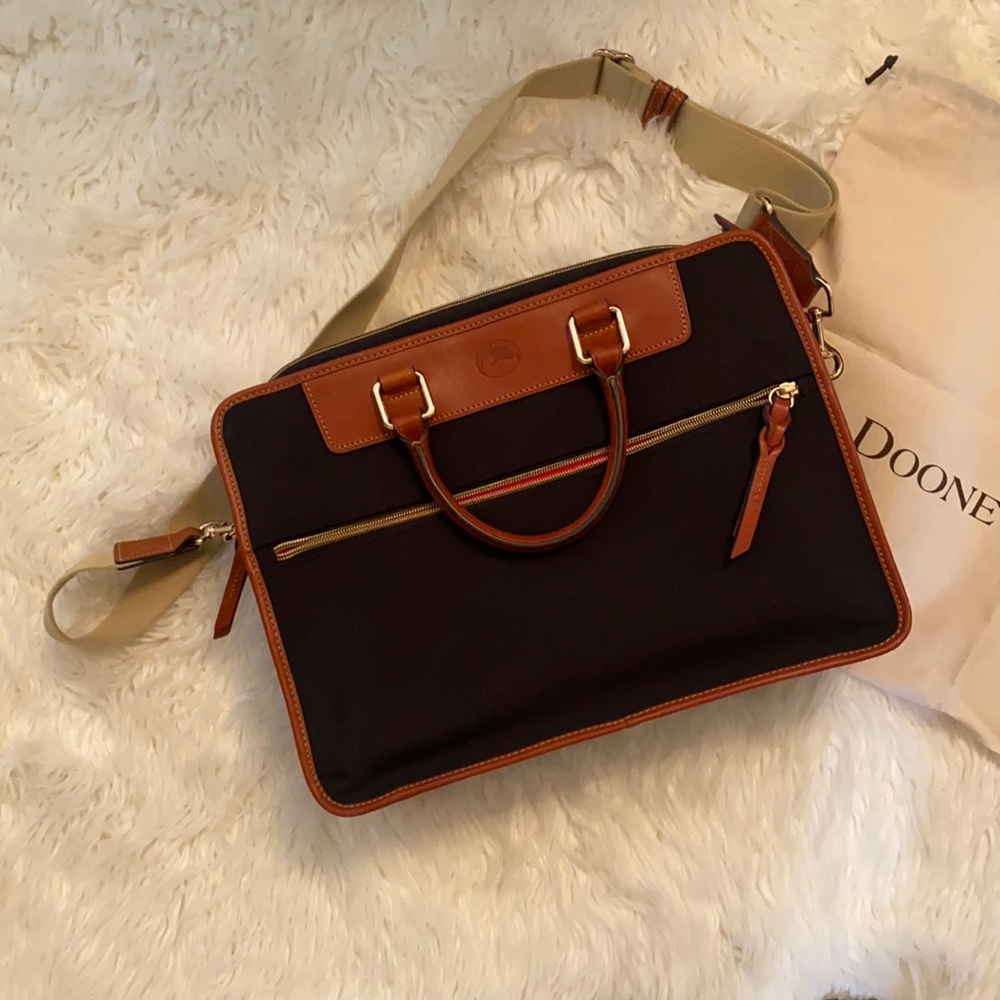 NWOT Dooney & Bourke laptop briefcase - black canvas with camel leather/red